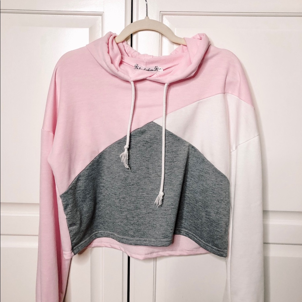 Pink/White/Grey Crop Hoodie
